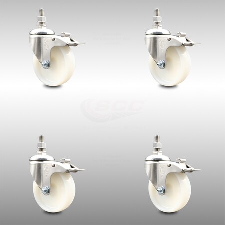 Service Caster 4 Inch 316SS Nylon Wheel Swivel 10mm Threaded Stem Caster Set Lock Brake SCC SCC-SS316TSTTL20S414-NYS-M1015-4